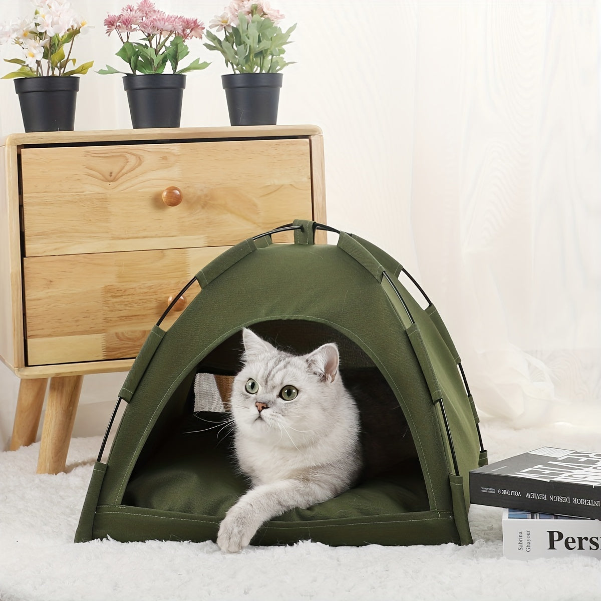 Cozy Foldable Pet Tent Bed – Breathable Cat and Small Dog Cave with Removable Non-Slip Cushion, Ideal for Indoor and Outdoor Use