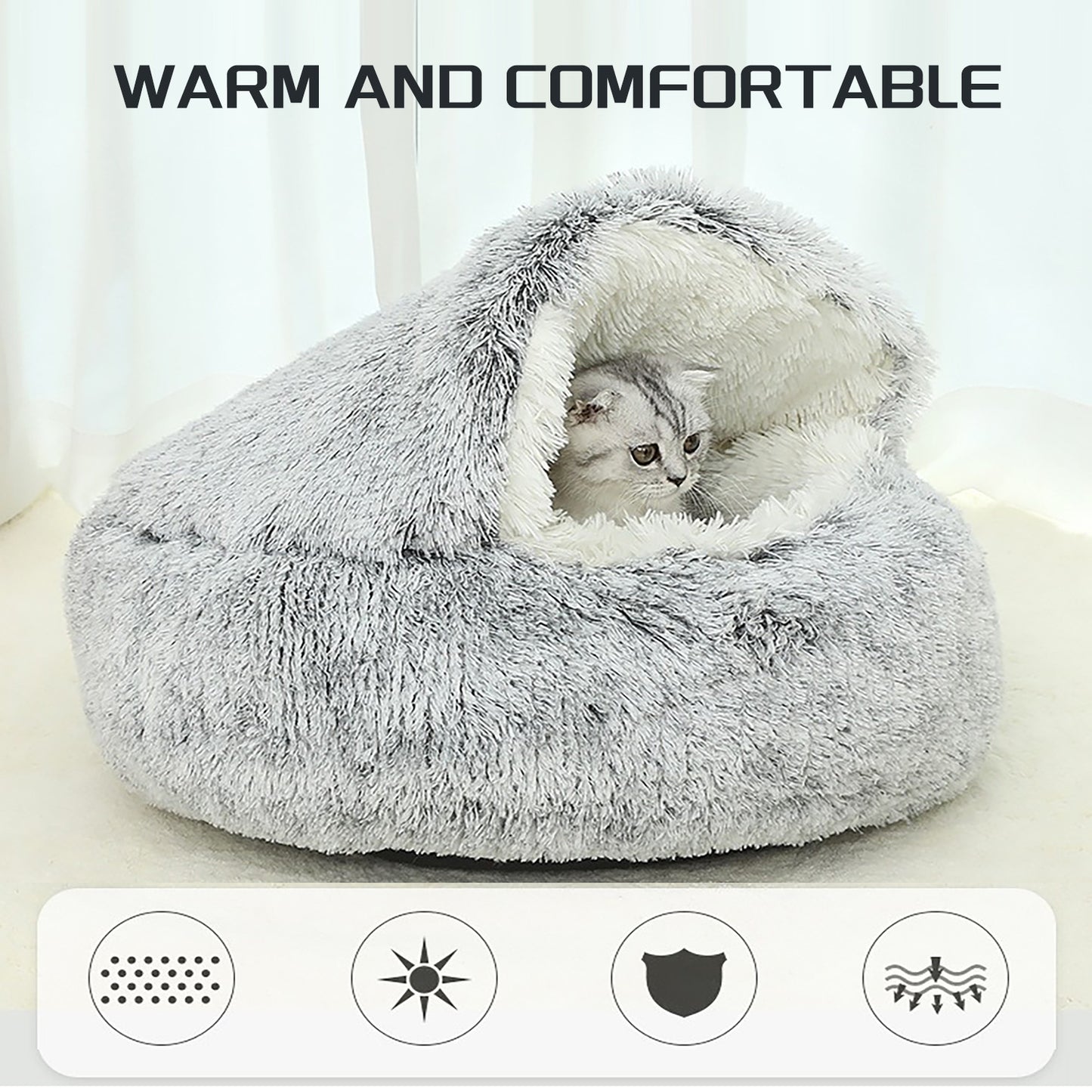 Luxurious Plush Round Hooded Cat Bed – Semi-Enclosed Donut Cave with Soft Faux Fur, Non-Slip Base & Machine Washable Cushion for Cozy Winter Comfort