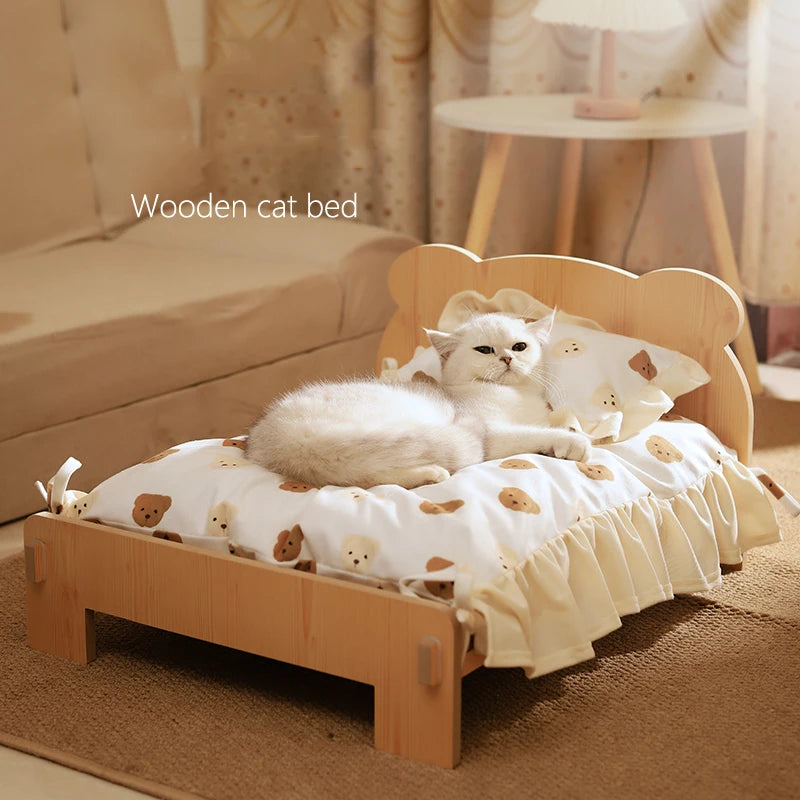 Wooden Cat and Dog Bed with Teddy Bear Pattern – Petjoy