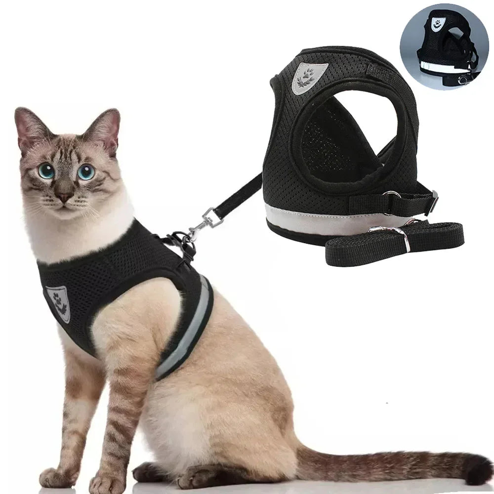 Adjustable Reflective Cat & Small Dog Harness Set – Escape-Proof Mesh Vest with Leash – PetJoy