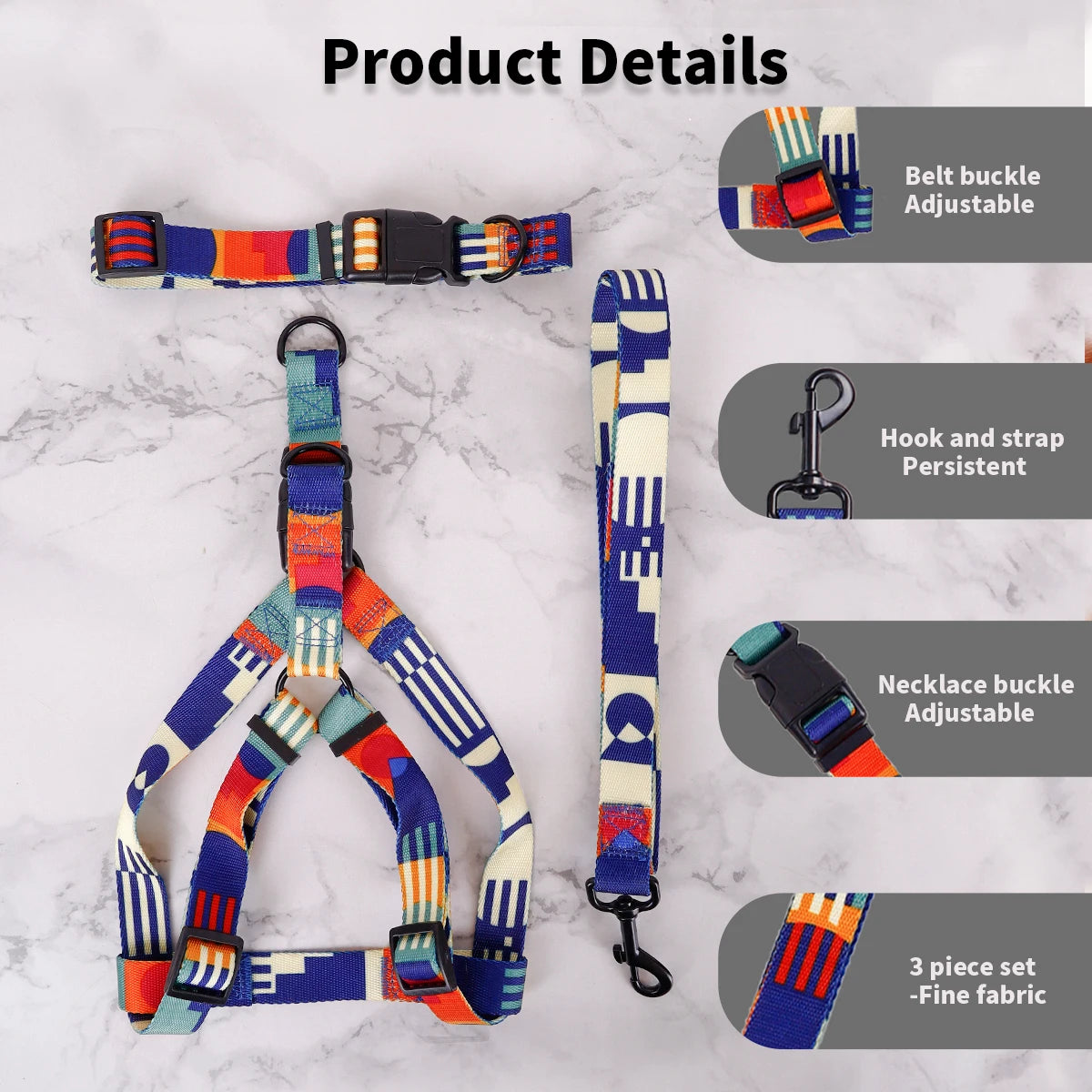 3-Piece Geometric Dog Harness, Collar &amp; Leash Set – Adjustable &amp; Escape-Proof – PetJoy