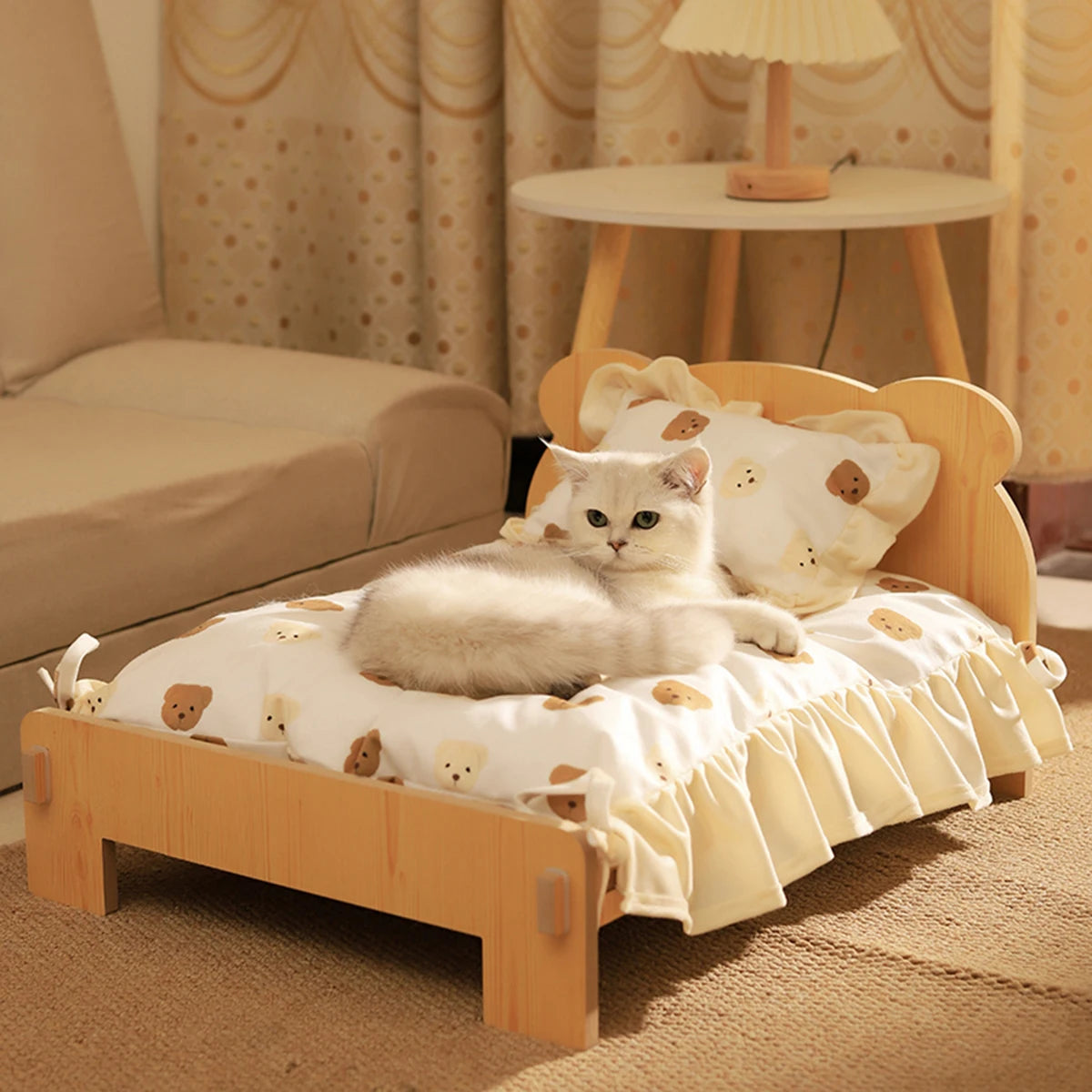 Wooden Cat and Dog Bed with Teddy Bear Pattern – Petjoy