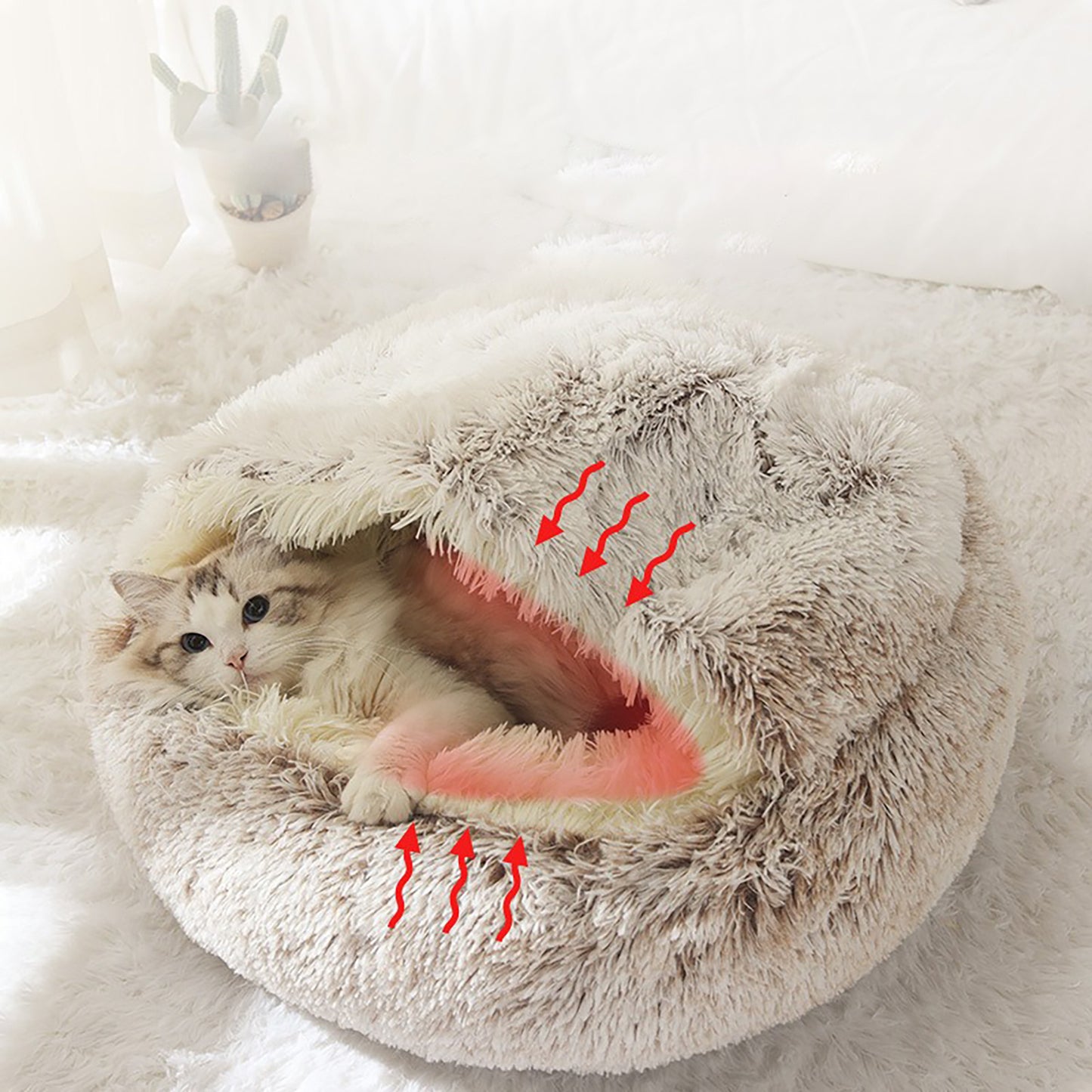 Luxurious Plush Round Hooded Cat Bed – Semi-Enclosed Donut Cave with Soft Faux Fur, Non-Slip Base & Machine Washable Cushion for Cozy Winter Comfort