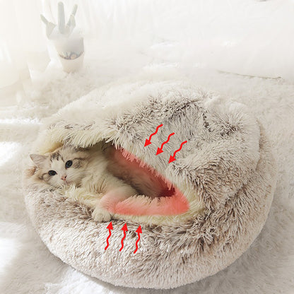 Luxurious Plush Round Hooded Cat Bed – Semi-Enclosed Donut Cave with Soft Faux Fur, Non-Slip Base & Machine Washable Cushion for Cozy Winter Comfort
