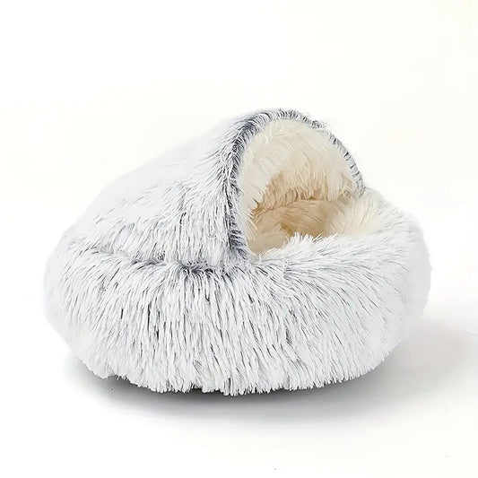 Luxurious Plush Round Hooded Cat Bed – Semi-Enclosed Donut Cave with Soft Faux Fur, Non-Slip Base & Machine Washable Cushion for Cozy Winter Comfort